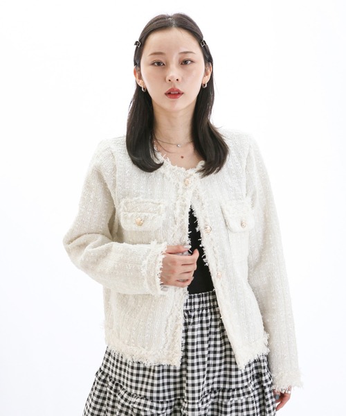 ジャケット ノーカラージャケット ノーカラーツイードジャケット