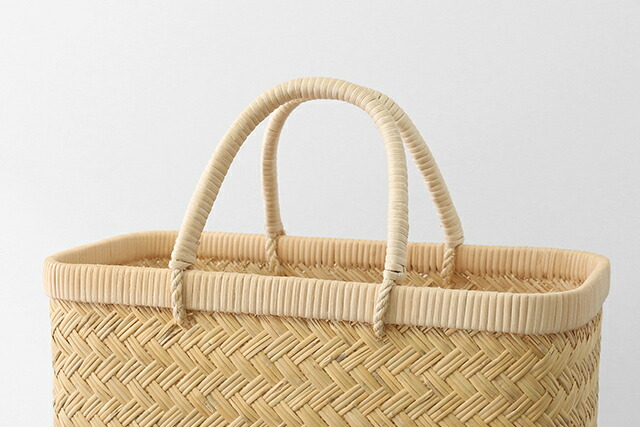スズ竹市場かご(岩手県鳥越竹細工/籐ハンドル/小サイズ/レザー底あて