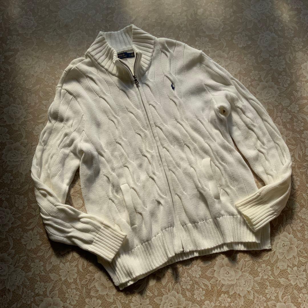 超美品　ポロラルフローレン　コットンケーブル編みジップアップニットブルゾンL白 超美品 ポロラルフローレン コットンケーブル編みジップアップニット