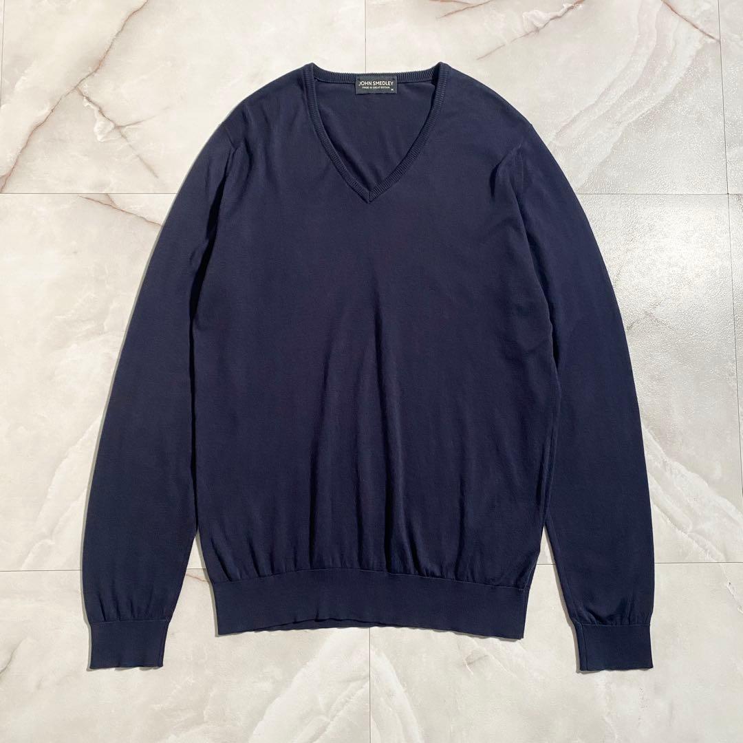 A18665 美品 ジョンスメドレー 海島綿 Vネックニット 英国製 紺M A18665 美品 ジョンスメドレー 海島綿 Vネックニット 英国製 紺M