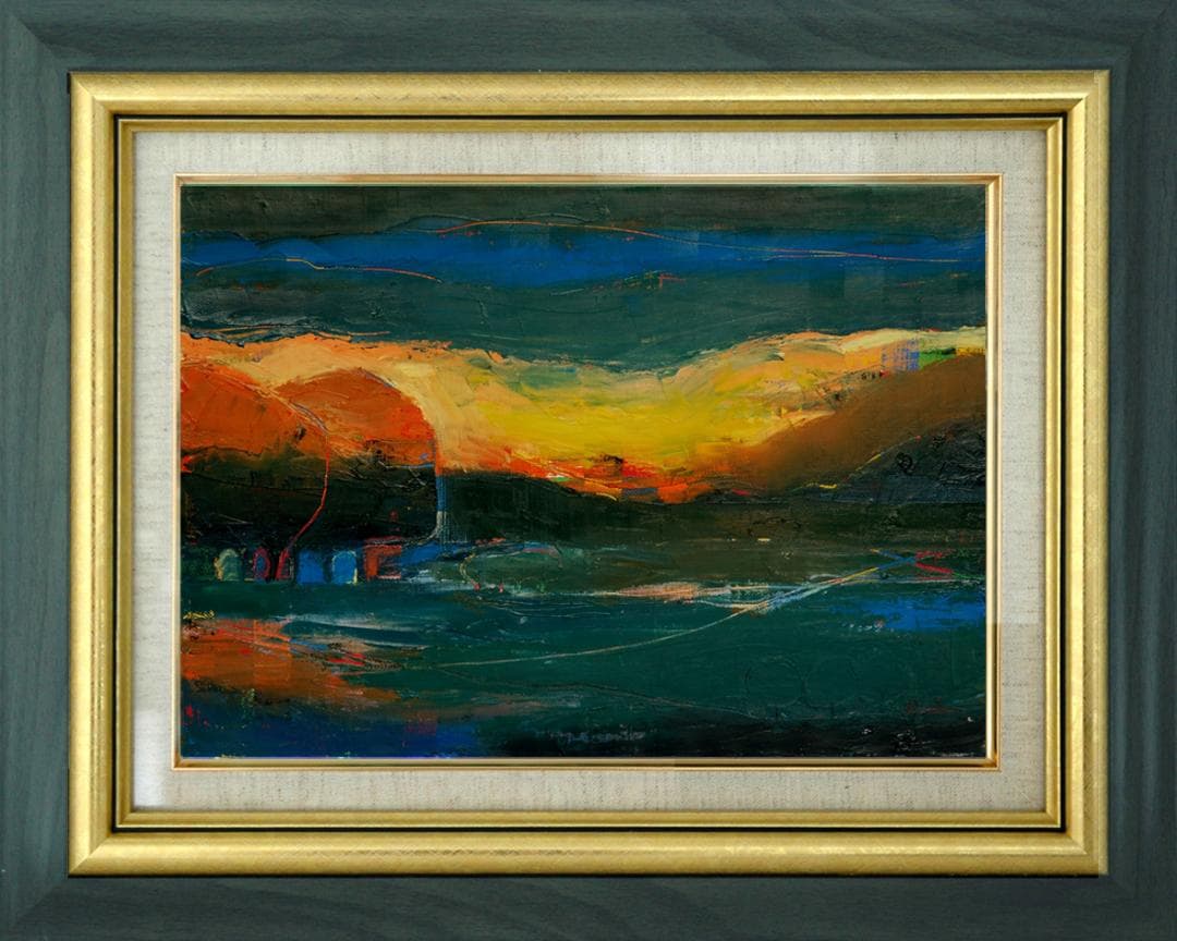 油絵 菅家令子 絵画インテリア額付(青緑＋金色の枠) F4-072212 朝夕陽 油絵 菅家令子 絵 絵画インテリア額付(青緑＋金色の枠) F4-071012女性