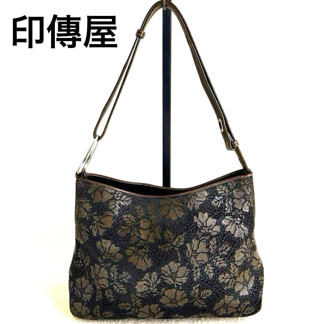 印傳屋 INDEN-YA 印伝屋　ショルダーバッグ　アデヤ　黒漆　カバン 印傳屋（INDEN-YA） 斜めがけバッグ ショルダー 印伝 ポシェット 花