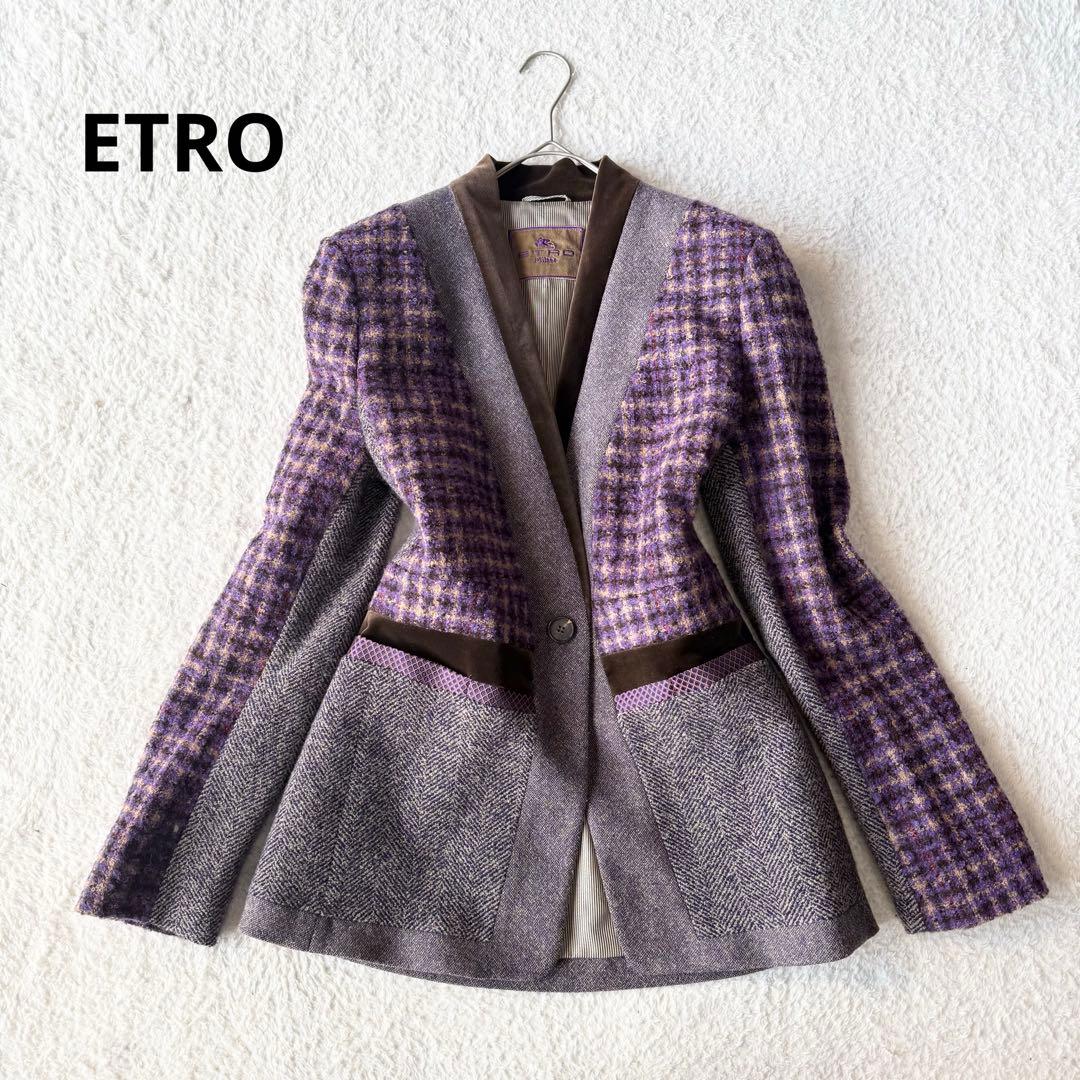 エトロ ノーカラー ジャケット ツイード シルク モヘヤ混 大きいサイズ 44 HUG.U（ハグユー） ジャケット ノーカラー ノーカラージャケット